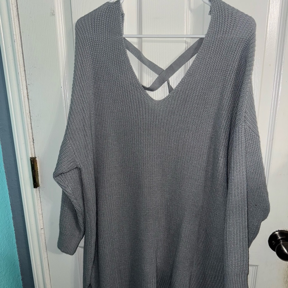 Gray V-Neck Sweater Dress with Crisscross Back